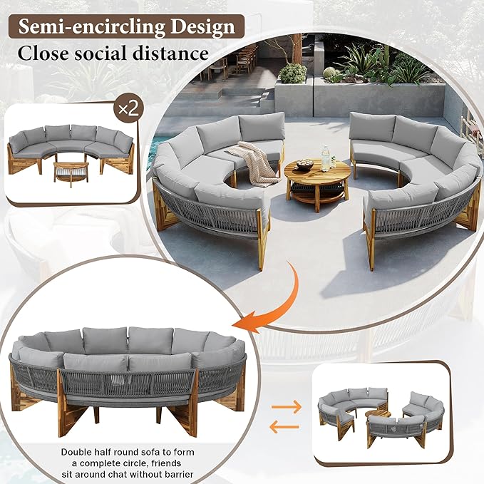 3-Piece Outdoor Patio Furniture Sectional Sofa Set, 2 Semi-Circle Sofas with Coffee Table, All-Weather Acacia Wood Conversation Set with Cushions for Garden Backyard Balcony, Freely Combined