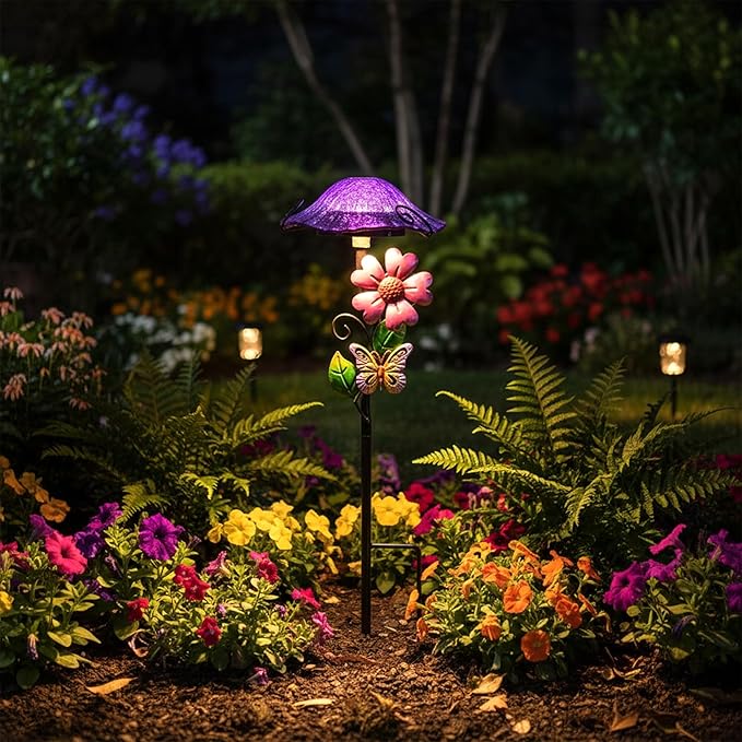 Solar Outdoor Lights Decorative Solar Glass Mushroom Lights Waterproof LED Purple Garden Stake Light for Walkway Pathway Lawn Patio Yard Decorations.