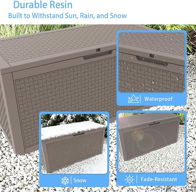 121 Gallon Outdoor Deck Box, Lockable Large Deck Box Waterproof Resin Storage Bin with Lid for Patio Furniture Cushions Garden Tools (Gray, 121 Gallon)