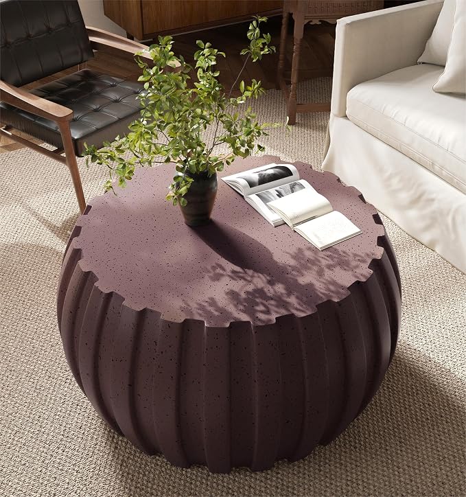 35.43" Concrete Outdoor Table,Modern Round Stone Coffee Table,Waterproof Outdoor Coffee Table for Patio for Terraces, Gardens, Backyards and Living Rooms (Brown, 35.43")