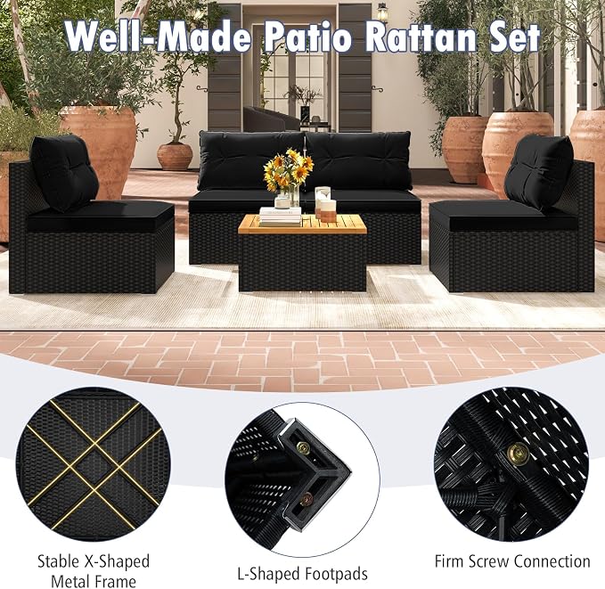 Tangkula 5 Pieces Wicker Patio Furniture Set, Outdoor 4 Armless Rattan Sofa & Coffee Table Set, with Cushions, Acacia Wood Tabletop, Sectional Patio Conversation Set for Lawn, Yard, Poolside, Black