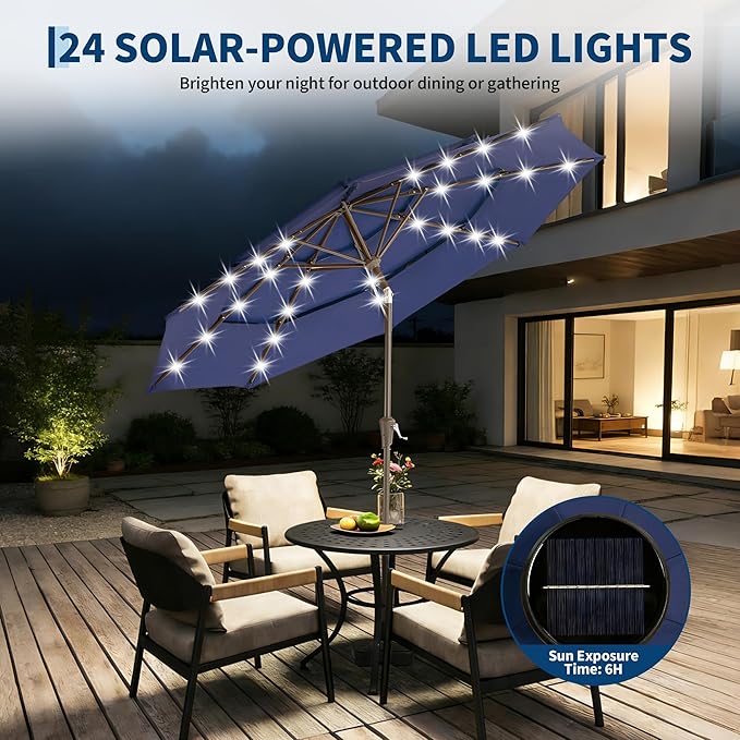 Garvee 9ft 10ft Patio Umbrella with Solar Lights, 3-Tier Umbrella Outdoor Patio with LED Lights, Ventilation, Easy Crank & Tilt, 8 Sturdy Ribs, UV Protection, Large Patio Umbrella for Deck, Pool