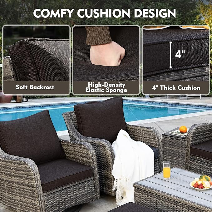 MEISSALIVVE Patio Furniture Set with Swivel Rocking Chairs, 6 Pieces Patio Conversation Set, Outdoor Wicker Sofa Couch with Waterproof Cushions for Lawn Backyard Porch (Black)