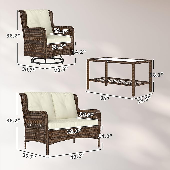 Outsunny 4 Piece PE Rattan Outdoor Patio Furniture Set, Wicker Conversation Set with 2 Swivel Glider Chairs, 2-Tier Glass Table and Loveseat for Garden, Patio, Poolside, Cream White