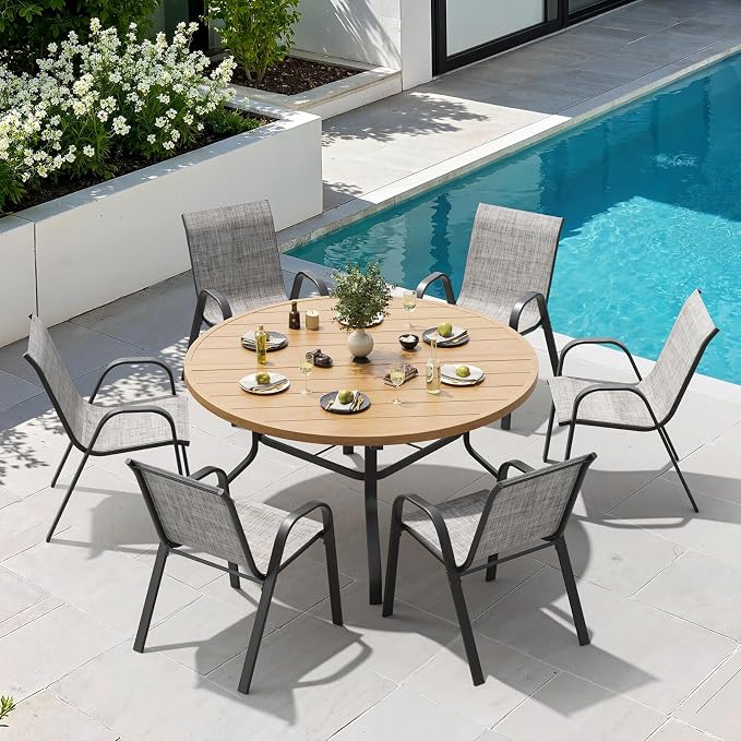 Soohow Patio Dining Set for 6, 7-piece Outdoor Dining Set 6 x Stackable Patio Chairs & 1 x Wood-Like Round Table with Umbrella Hole, All-Weather Outdoor Table and Chairs for Backyard, Balcony, Porch