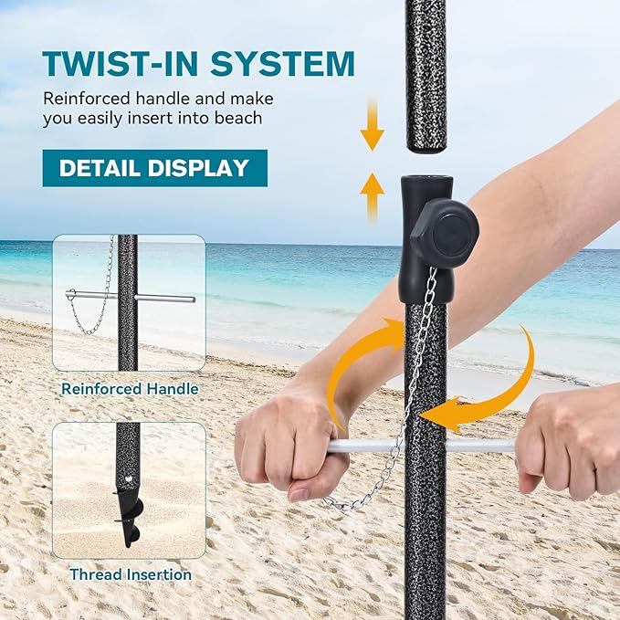 Beach Umbrella for Sand - Windproof Heavy Duty Iron Pole with Sand Anchor, UPF 50+ UV Protection & Tilt Mechanism, Portable Sun Shade Parasol, Carrying Bag for Beach Patio Garden Outdoor