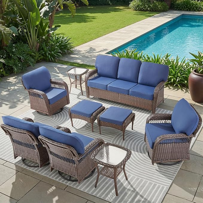 Belord Patio Wicker Swivel Rocker Patio Chairs with 3-Seater Sofa, Outdoor Rattan Chairs for Deck Porch Poolside, 9 Piece Patio Conversation Furniture Set,Blue