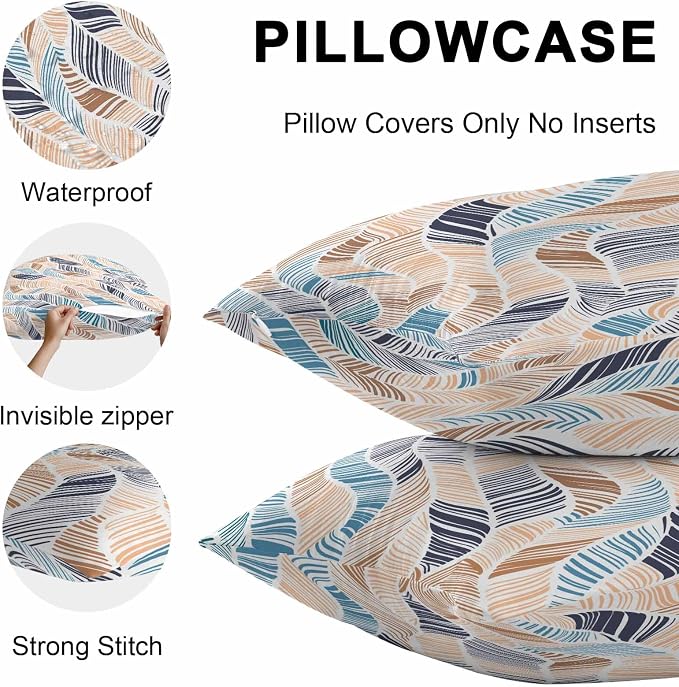 Vandarllin Outdoor Throw Pillows Covers 24x24 inch Set of 2 Waterproof Summer Beach Decorative Zippered Cushion Covers for Patio Furniture, Yellow Blue Ombre Abstract Leaf Lines Lumbar Pillowcases