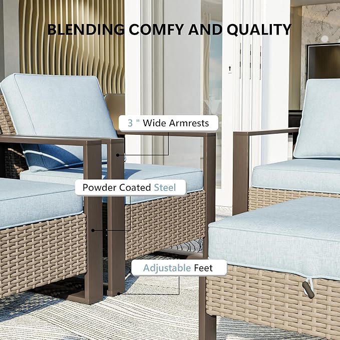 Outdoor Patio Furniture Set, 6 Piece Wicker Patio Conversation with Deep Seating, Thicken Cushions, Outdoor Club Chair, Metal Outdoor Furniture for Deck, Porch, Yard Use (Azure, 6 PCS/Chairs)