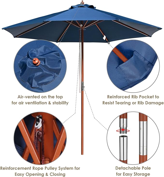 Yescom 9ft Coastal Solid Wood Umbrella Pulley Lift Commercial Base with Wheel Included for Seaside Restaurant Terrace Poolside Beach Club