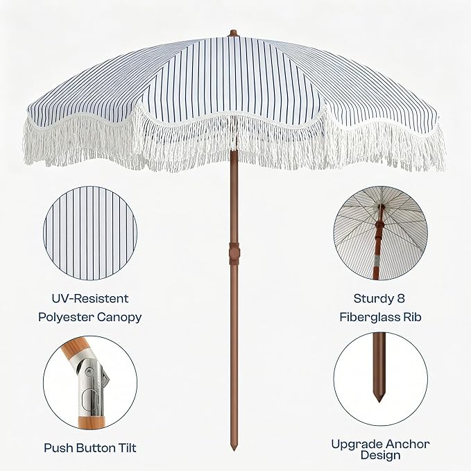 7FT Patio Umbrella with Fringe, Outdoor Tassel Umbrella with Fiberglass Ribs, Boho Beach Umbrella, Push Button Tilt and Carrying Bag, UPF50+