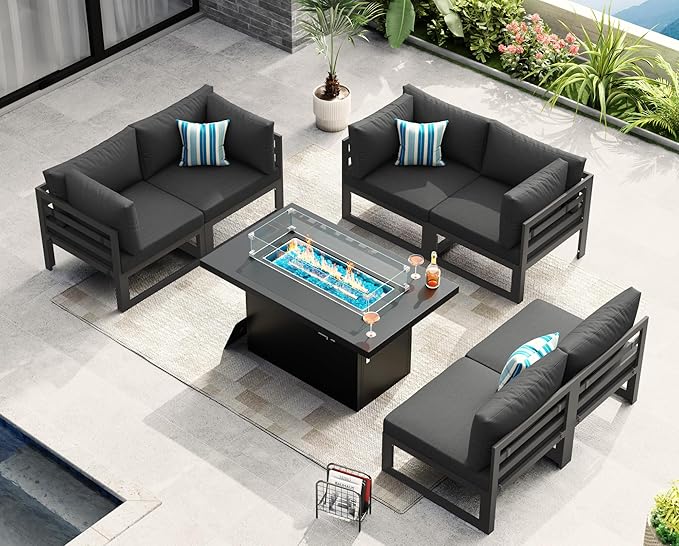 NICESOUL Aluminum Patio Furniture Set with Fire Pit Table Propane/Gas, 6 Seat Large Modular Outdoor Sectional Couch, 29" Deep Seating, Modern L Shaped Conversation Sofa for Backyard Deck, Dark Grey