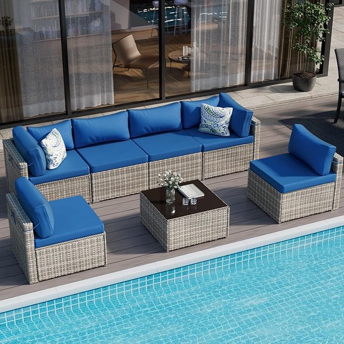 7-Piece Gray Rattan Patio Furniture Sets, Outdoor Conversation Sofa Sets with Water Resistant Blue Cushions & Tempered Glass Coffee Table, Modular Outdoor Sectional Sofa Sets with 2 Pillows