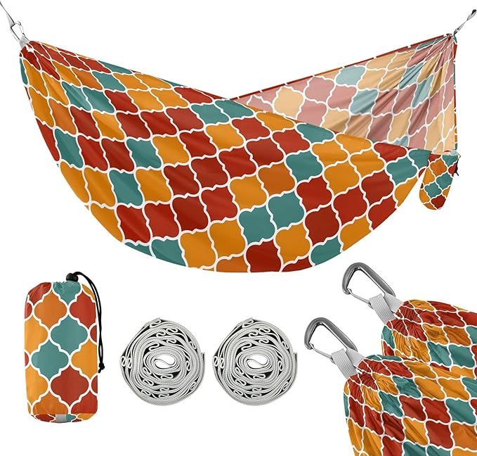 Camping Hammock Outdoor Hammocks for Outside Trellis Lattice Red Orange Beach Trees Portable Lightweight with Pockets Tree Straps Indoor