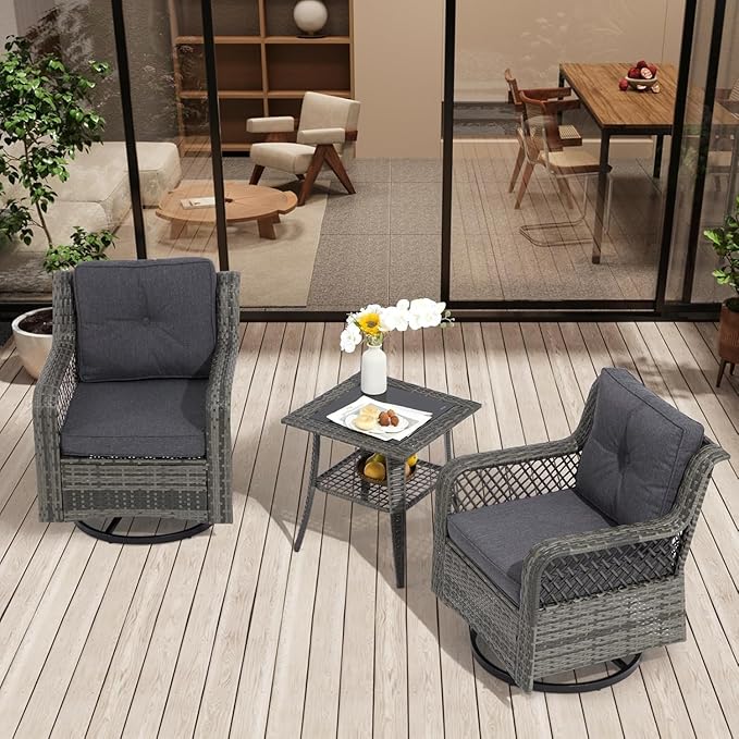 3 Pieces Patio Swivel Chairs, Wicker Patio Conversation Sets with Rocking Chair, Side Table for Outdoor Garden Porch Backyard(Dark Grey)