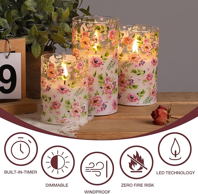 Eywamage Red Rose Floral Flameless Candles with Remote, Flickering Glass LED Pillar Candles Spring Home Decor Set of 3