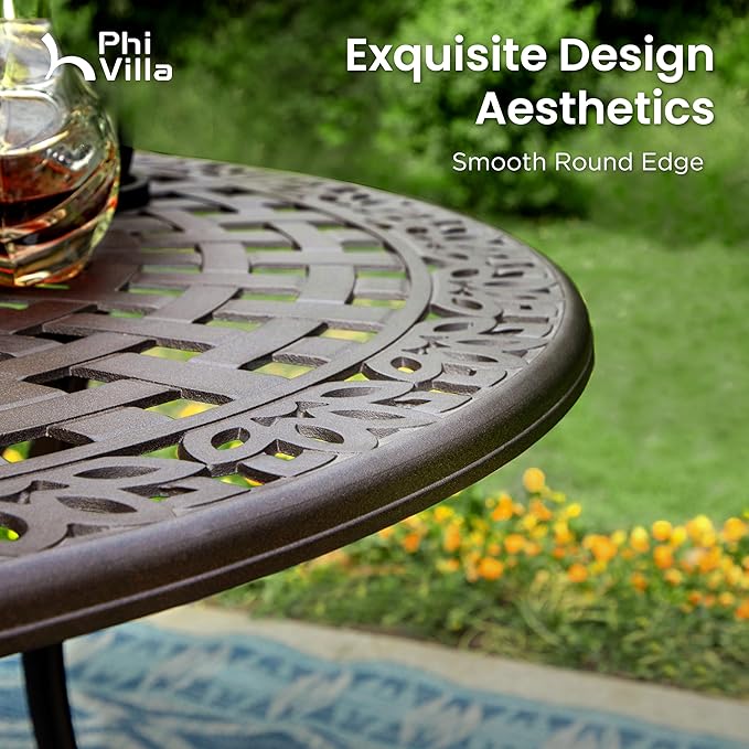 PHI VILLA 7 Pieces Outdoor Cast Aluminium Dining Set for 6, 54" Round Patio Table with Umbrella Hole & Heavy-Duty Chairs with Cushions, Large Outside Furniture Set for Deck, Porch, Backyard - Brown