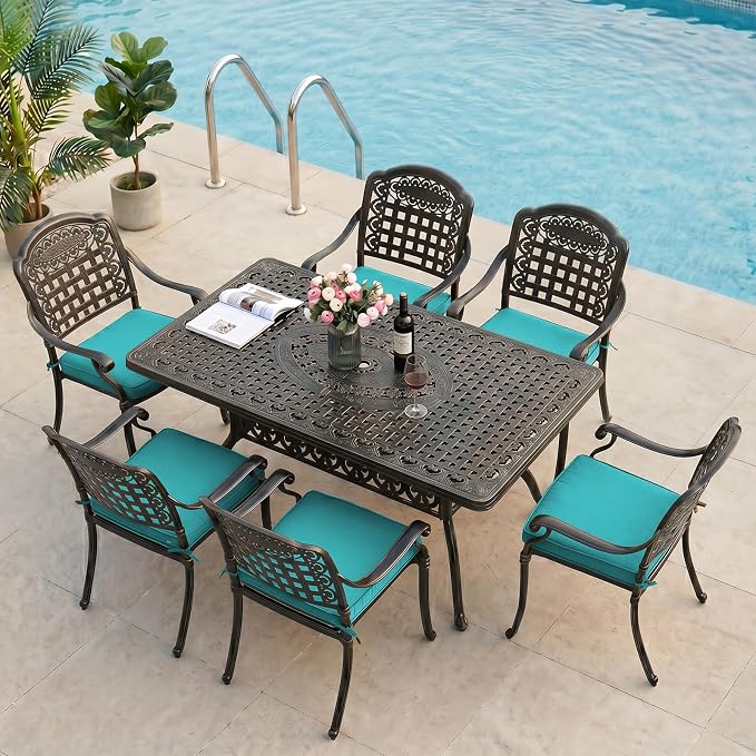 VIVIJASON 7-Piece Patio Furniture Dining Set, All-Weather Cast Aluminum Outdoor Conversation Set, Include 6 Cushioned Chairs and a Rectangle Table with Umbrella Hole, Ocean Blue Cushion