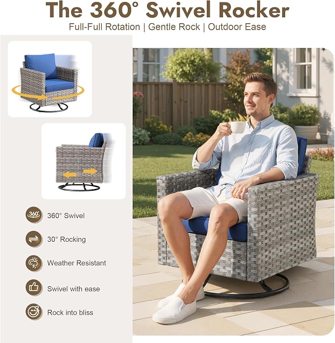 9 Pieces Patio Furniture Set, Wicker Outdoor Sectional Sofa with Swivel Chair Comfy Cushions, Modern Modular Deep Seat Rattan Couch Conversation Set for Backyard Porch Yard,Navy Blue