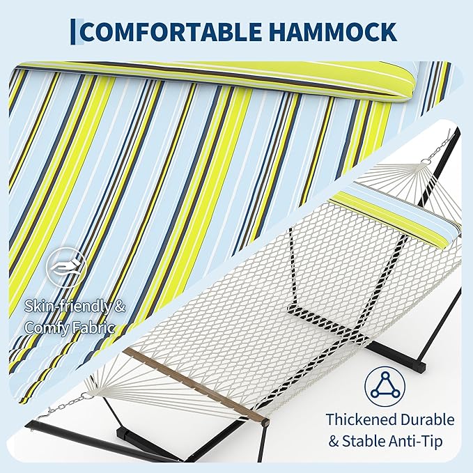 Heavy Duty 2 Person Double Hammock with Portable Adjustable Steel Stand, Outdoor Hammock with Pillow for Patio, Garden, Beach, Backyard Camping