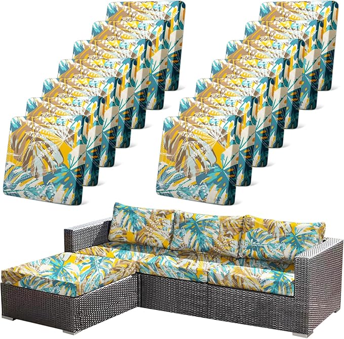 CALBODE 14pcs Outdoor Tropical Plant Printed Sofa Seat Cushion Covers Strechable, Dustproof Elastic Half-Covered Sofa Covers Washable Reusable Patio Furniture Protector（Blue and Yellow, Cover Only）