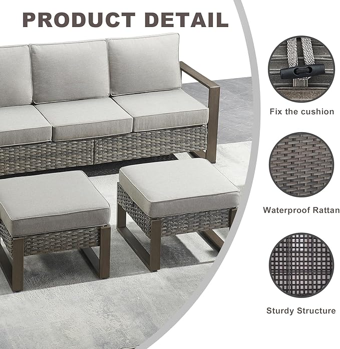 Rilyson Outdoor Ottoman Wicker Patio Footrest - 2 Piece Wicker Footrest Footstools Set with Sturdy Frame,All-Weather PE Wicker, Thick Cushions for Deck Porch Garden(Mixed Grey/Grey)