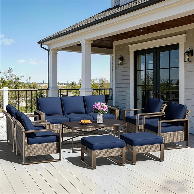 8 Pieces Metal Wicker Patio Furniture Set - 75" Sofa, Four Armchairs and Two Ottomans, One Coffee Table All Weather Rattan Outdoor Conversation Furniture with Washable Cushion for Deck, Dark Blue