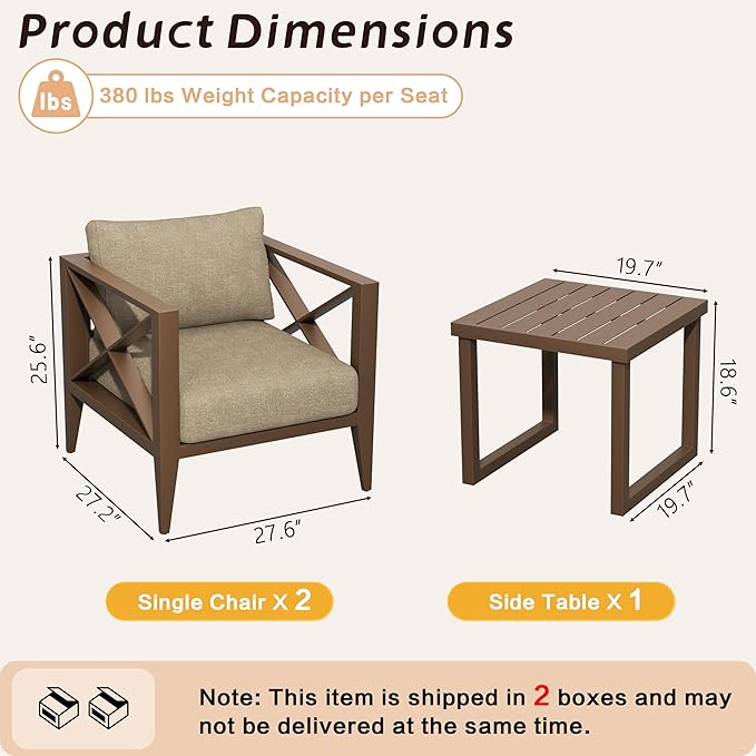 3-Piece Oversized Aluminum Patio Furniture Set, Outdoor Deep Seating Conversation Sofa Set with Coffee Table, 6.1" Cushions, All-Weather Rust-Proof Frame for Backyard, Deck, Balcony-Brown