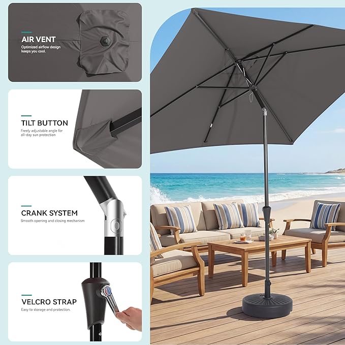 HASLE OUTFITTERS Rectangular Patio Umbrella, 6.5 x 10 ft Rectangle Table Umbrellas w/Heavy Duty Ribs, Effortless Crank and Push Button Tilt, Wind Resistant Sun Umbrella for Outdoor Patio, Gray