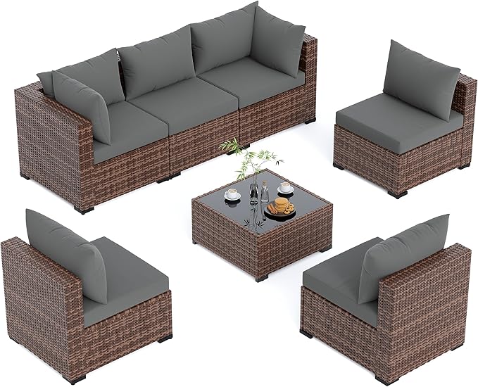 UDPATIO Furniture Set, 7 Piece Sectional Sofas with Wicker Coffee Table, Conversation for Garden, Backyard, Dark Grey