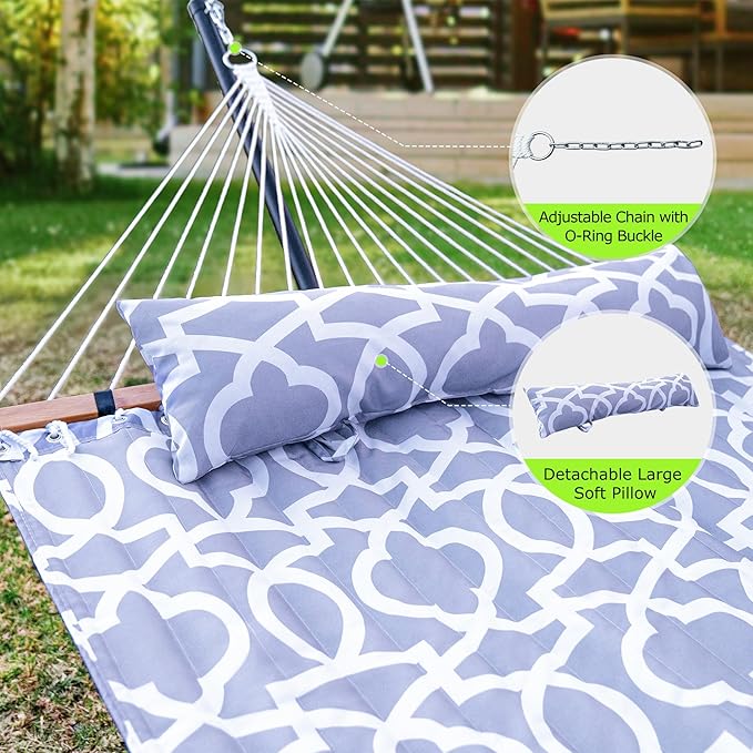 Double Hammock with Stand, Heavy Duty Outdoor Hammock for Two, 500 LBS Capacity, Stable Steel Frame with Balance Strap, Easy Tool-Free Assembly for Patio, Garden, Backyard & Beach,Round Gray