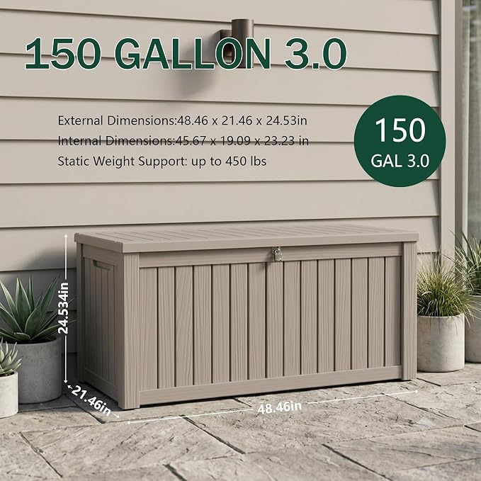 Outdoor Storage Box, 150 Gallon Waterproof Deck Box [Upgraded 3.0], Piston-Assisted Resin Trunk for Sectional Sofa Cushions, High-Capacity Lockable Double Storage Bench, Patio Lounge, Grey