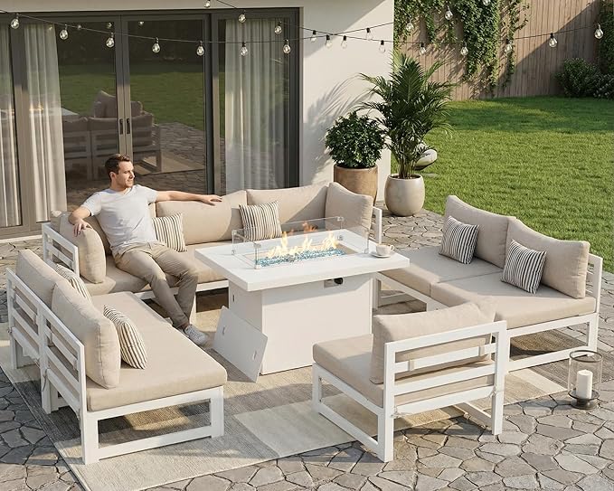 NICESOUL 8 Person Modern Aluminum Outdoor Patio Furniture Set with Fireplace, 29" Wide Deep Seating, Water Resistant L Shaped Sectional Couch, Extra Large Conversation Set for Backyard Terrace, Beige