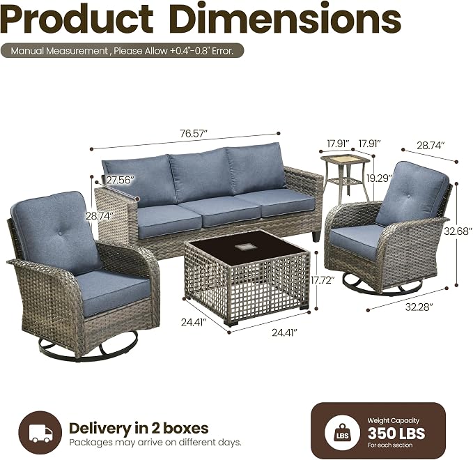 5 Piece Wicker Patio Furniture with Swivel Rocker Chair,Denim Blue | High Back Swivel Rocker Chairs, All Weather Rattan Outdoor Sofa, Solar Lights Table, Modern Conversation Sets, Deck Backyard