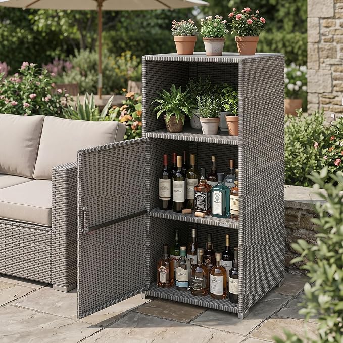 Tangkula Rattan Outdoor Storage Cabinet, Patiojoy PE Wicker Outdoor Cabinet with 3 Storage Shelves, Open Compartment and Door, Patio Storage Deck Box for Porch, Poolside, Backyard