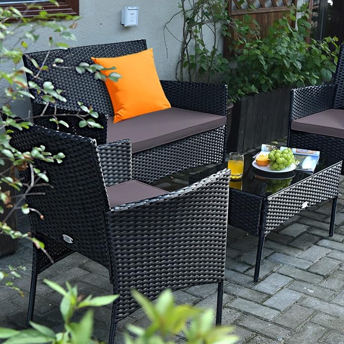 Tangkula 8 Pieces Patio Rattan Conversation Set, Outdoor Wicker Furniture Set with Tempered Glass Coffee Table &Thick Cushion, Rattan Chair Wicker Set for Garden, Lawn, Poolside and Backyard
