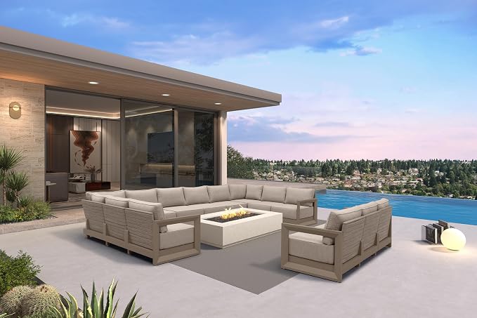 PURPLE LEAF Patio Furniture Set Enclosed Outdoor Couch with 9.6" Thick Cushion and Soft Pillows 13 Piece Outdoor Sectional Sofas Modern Outdoor Conversation Sets for Yard Porch Deck Poolside, Khaki