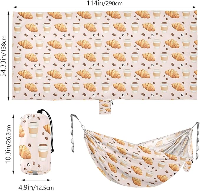Camping Hammock Outdoor Hammocks for Outside Pink Croissants Coffee Beans Beach Trees Portable Lightweight with Pockets Tree Straps Indoor