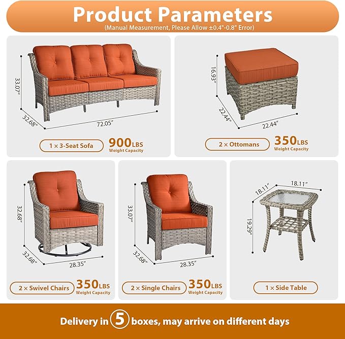 8 PCS Outdoor Patio Furniture Sets ,Patio Conversation Sets Outside Rattan Soft Cushion Sofa with 2 Wicker Rocking Chairs Soft Cushion Fit Backyard Porch Garden Poolside Balcony，Coarse Stripes Red