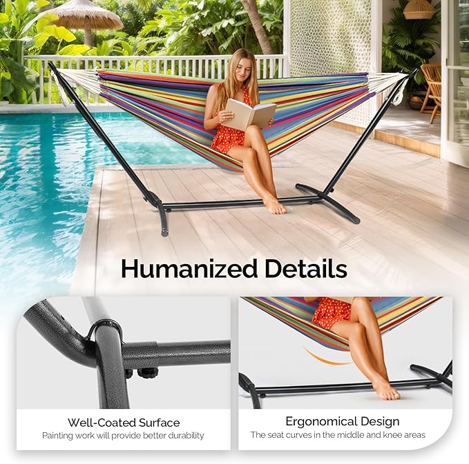 ONCLOUD 550 LBS Capacity Double Hammock with Stand Included with Portable Carrying Bag, Heavy Duty 2-Person Hammock for Outdoors & Indoors - Desert Stripe, Series TDCTZ1 - Rainbow Stripe