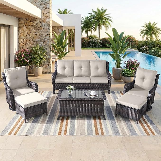 6 Piece High Back Patio Furniture Set - All Weather Patio Conversation Set with 4 Inch Thick Cushions and Deep Seating Swivel Glider Chairs & Outdoor Couch for Porch Deck Yard Pool Brown Beige