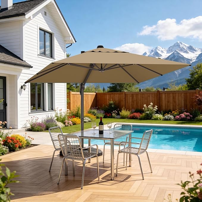 10' X 10' Patio Umbrella Cantilever Outdoor Rectangle Umbrella, Heavy Duty 360°Rotation Offset Umbrella for Garden Deck Pool Patio, Brown
