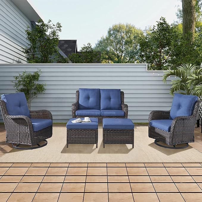 Rilyson Outdoor Loveseat Wicker Patio Sofa - 2-Seat Rattan Outdoor Couch Patio Furniture with Deep Seating and Comfortable Cushions for Outside Porch Deck Balcony(Brown/Blue)
