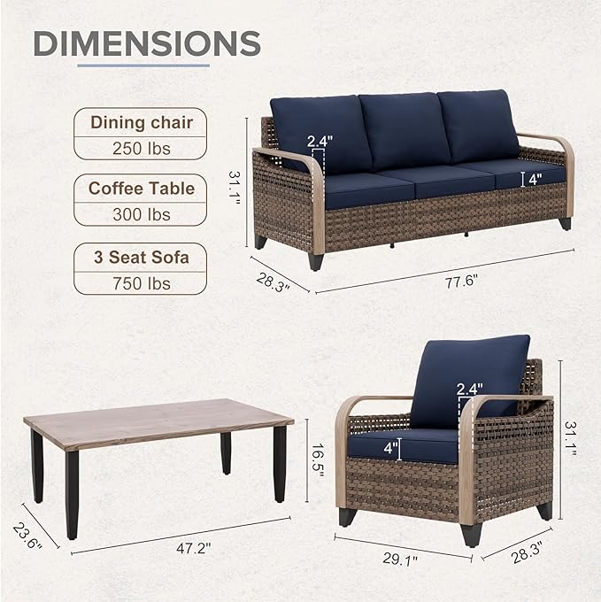 COOS BAY Modern Wicker Outdoor Furniture Set, 4 Piece Patio Conversation Set with 2 Patio Chairs, a 3 Seat Couch and Side Table, 4 Piece, Brown/Blue