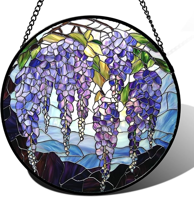 DASTOLL Stained Glass Window Hanging, Purple Wisteria Flowers Suncatcher for Doors Window Home Plant Sun Catchers Decoration Mother's Day Birthday Gifts for Women, Men, and Mom 7.8x7.8 in