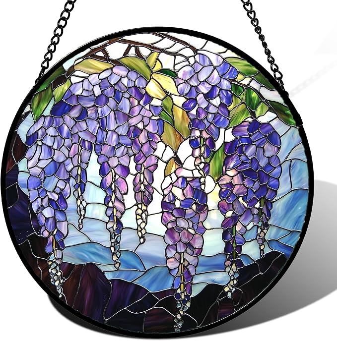 Stained Glass Window Hanging, Wisteria Flower Sun Catcher for Door Home Decor Purple and Blue Suncatcher Christmas Mother's Day Birthday Gifts for Women Men Mom and Nana 9.8 in