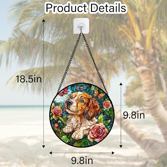 DASTOLL Stained Glass Window Hanging, Dog and Rose Suncatcher for Doors Home Butterfly Sun Catchers Decoration and Christmas, Mother's Day Birthday Gifts for Women, Men, and Mom 9.8 in