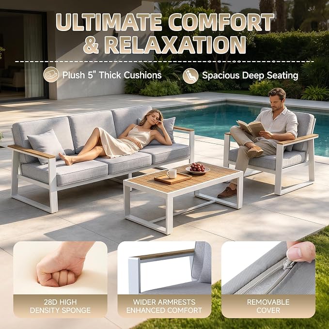 Premium Aluminum Patio Furniture Set 5 Piece,Outdoor Conversation Set with Wide Armrest,5" Thick Cushions, Olefin Fabric,Rustproof Metal Frame,Deep Seating Patio Sofa Set for Backyard,Deck,villa,White