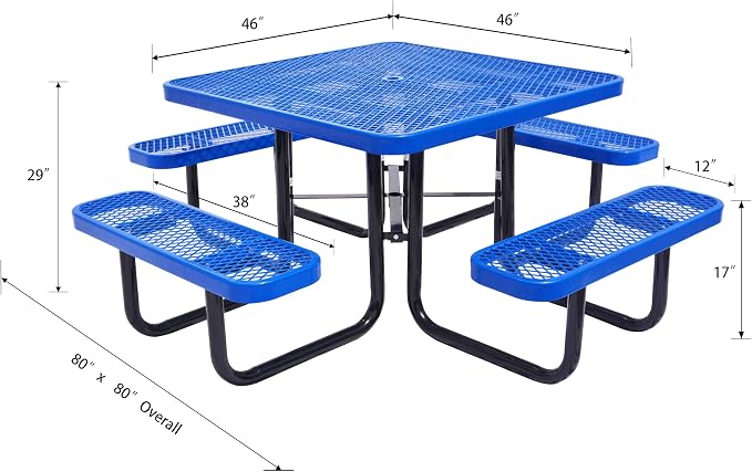 Heavy Duty 46" Steel Square Picnic Table,Expanded, Metal Outdoor Table (Blue)