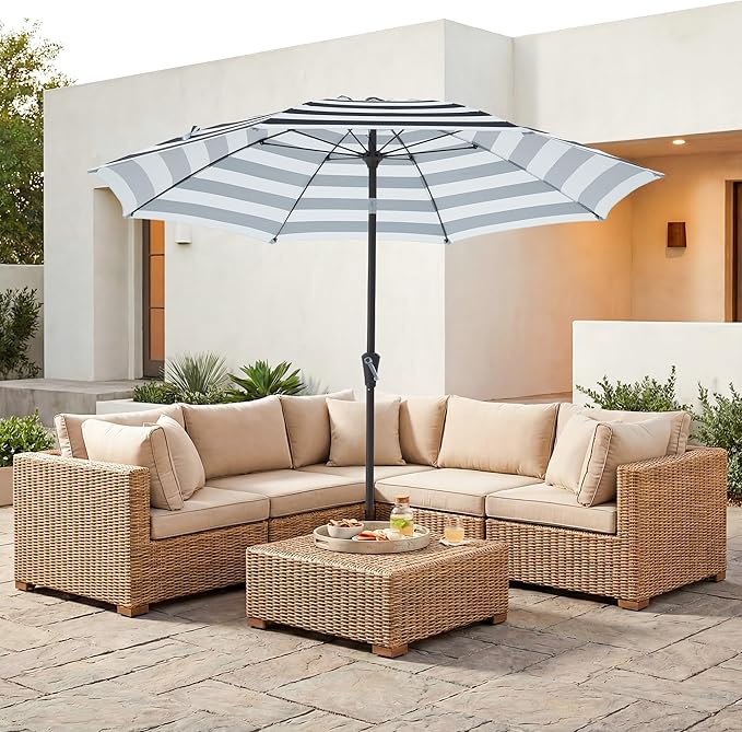 JEAREY 9FT Outdoor Patio Umbrella, Market Table Umbrella with 8 Fiberglass Ribs, Pool Umbrella with Tilt and Crank, UV Protection Lightweight & Wind-Resistant for Lawn, Garden, Deck and Backyard, Black-White Stripe